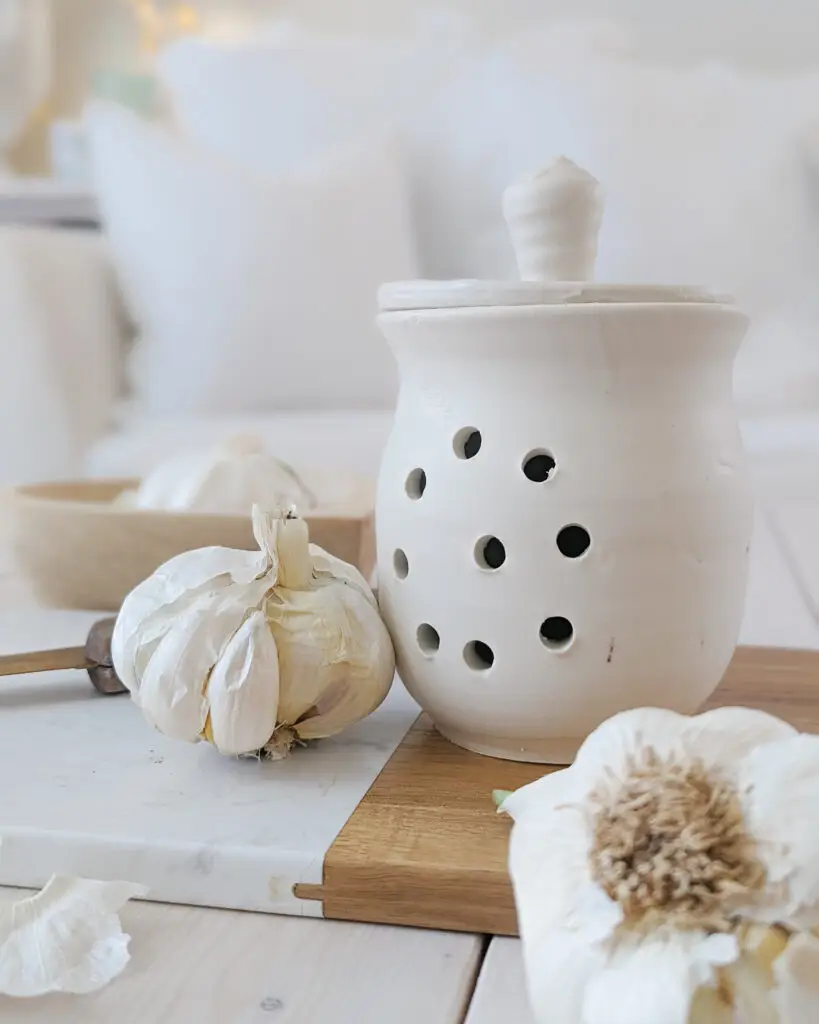 A garlic keeper sits on a white marble cutting board with garlic cloves around it showcasing the staged lifestyle photos Okanagan took.