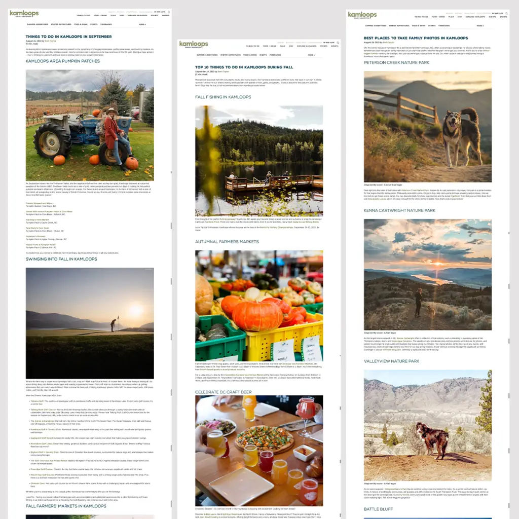 Example photos of the blog posts OKGN Co. wrote for Tourism Kamloops in 2022-2024.