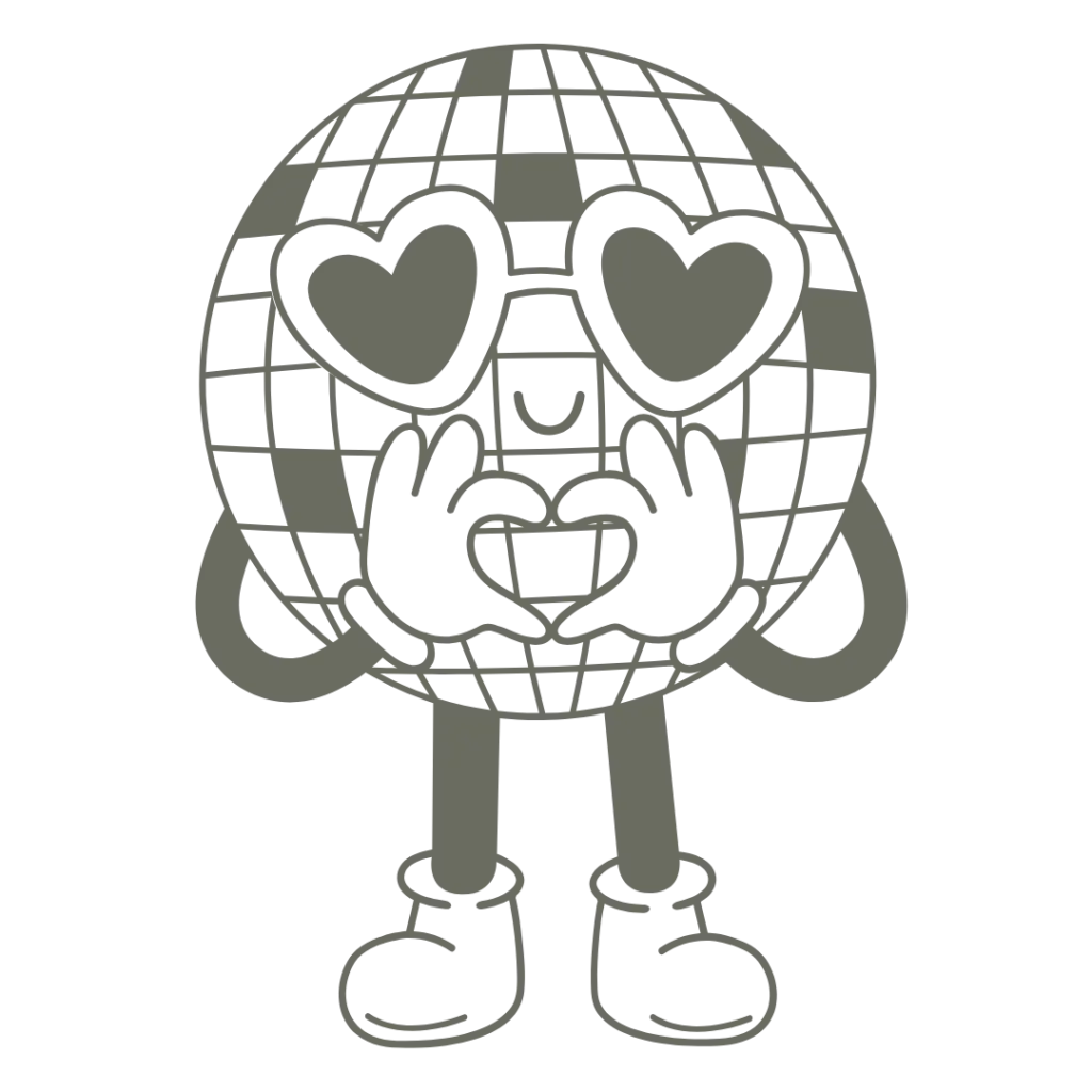 A cartoon of a retro disco ball making a heart is the mascot of OKGN Co. who offers Social Media Management to BC Businesses.